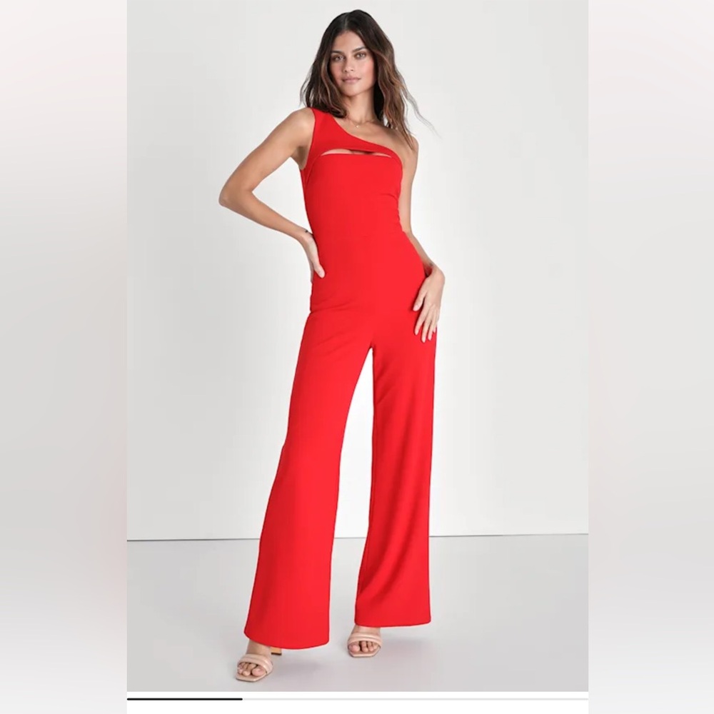 Lulu's Vibrant Red One-Shoulder Jumpsuit